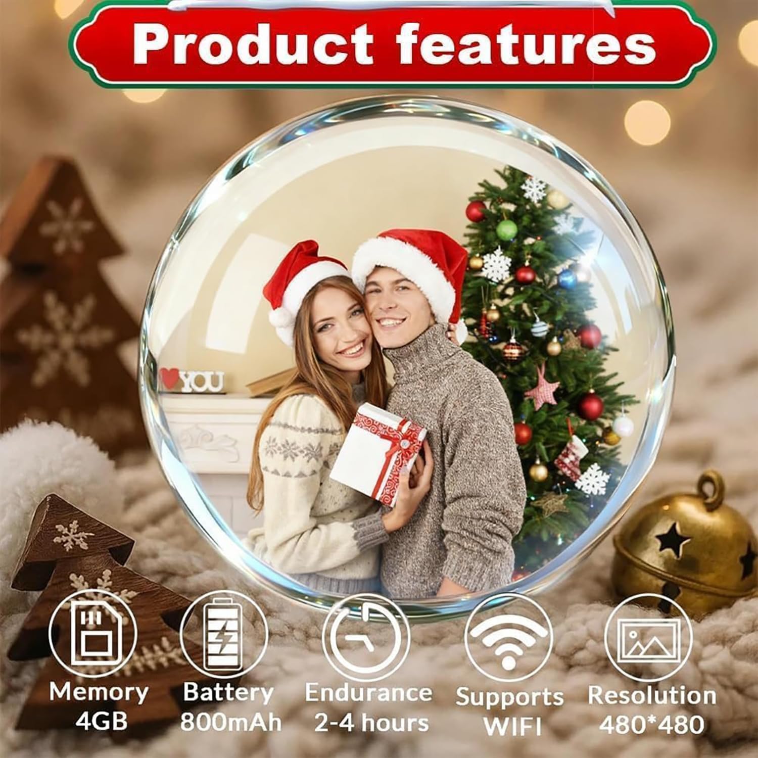 Sfera Di Vetro WiFi Per Video E Foto - Display 2.7 Pollici, Memoria 100MB, Ricaricabile, Per Regali Personalizzati (bianco)
