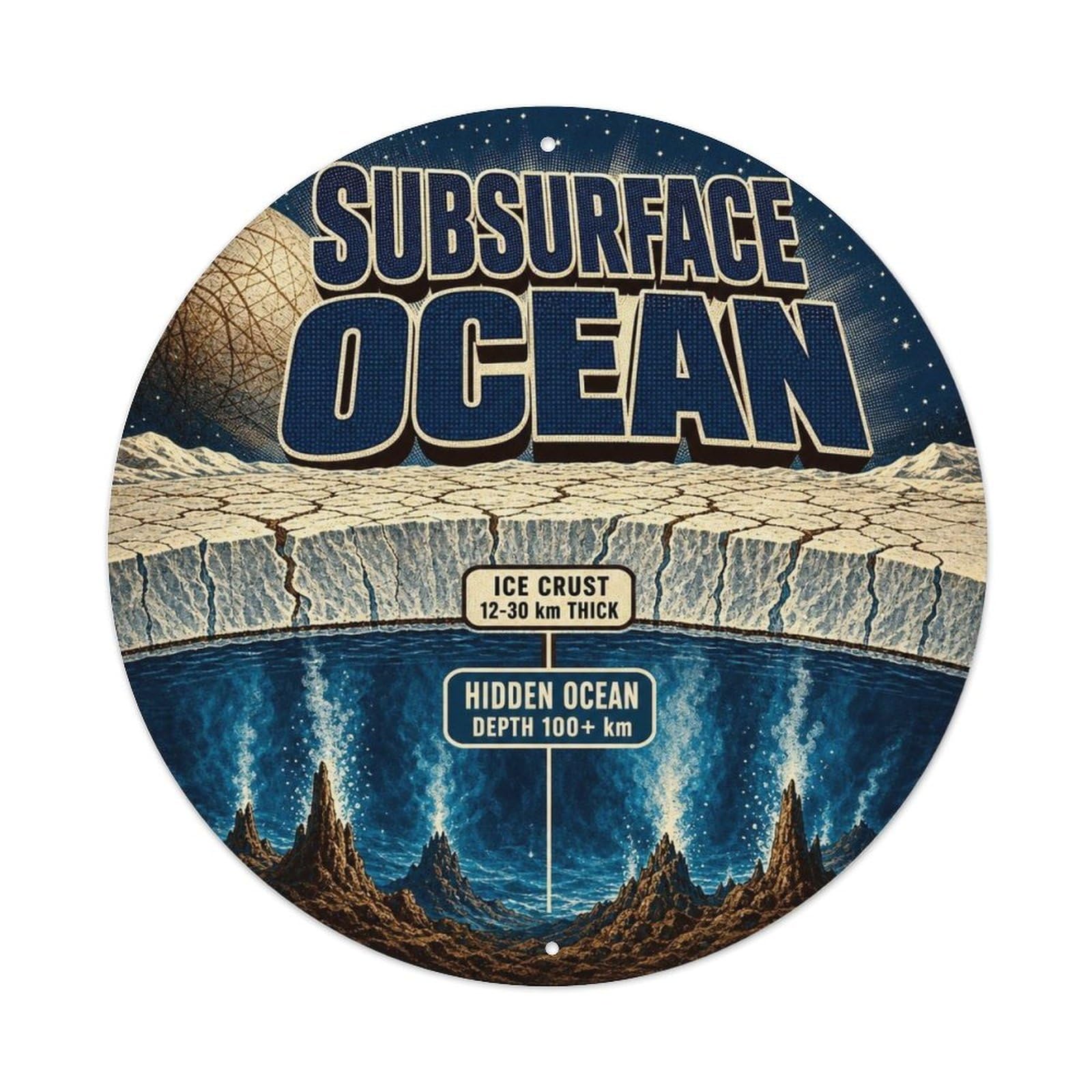 Celestial Europa Subsurface Ocean Astronomy Metal Tin Sign Plaque Wall Decor for Cafe, Man Cave, Club Bar, Office, Home Garden Round Metal Poster 8x8Inch