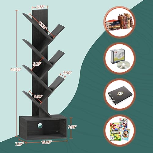 Miniatura 3 de Yoobure - Estantería de árbol de 6 estantes, estantería retro de pie, estante alto de madera para almacenamiento de libros para CDPelículas,