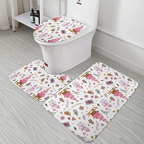 Miniatura 7 de Juego de 3 alfombras de baño de terciopelo coral con diseño de muñeco de nieve rosa, diseño bonito, antideslizante, absorbente, en forma de U,
