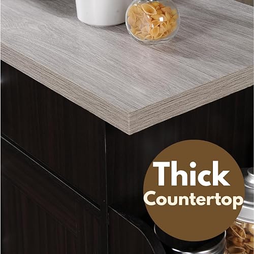 Miniatura 9 de Hodedah Carrito de isla de cocina de madera rodante con estante para especias, toallero, cajón de utensilios y gabinete, blanco con tapa de haya