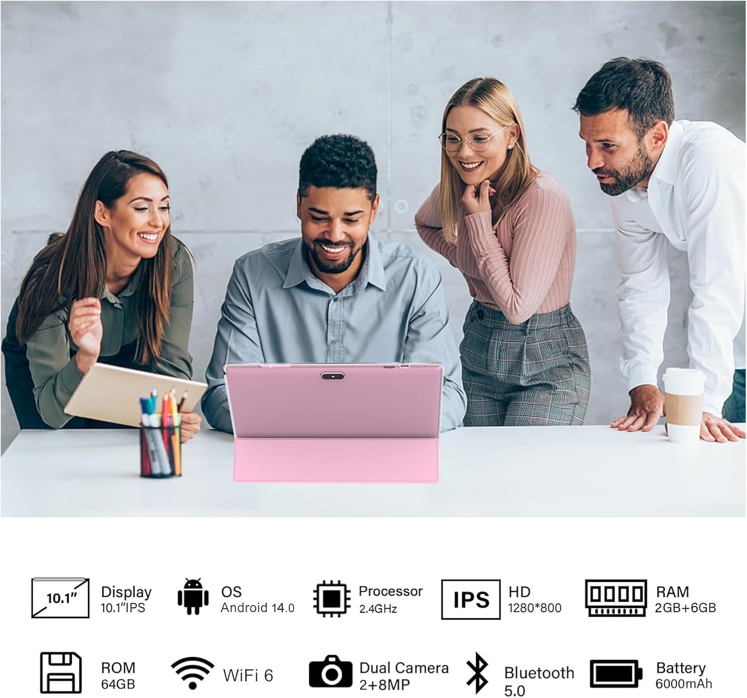 Android 14 Tablet, 10 inch Tablets with Case, 8GB RAM+64GB ROM/1TB Expandable, 1.8Ghz Quad-core Processor, 1280*800 IPS HD Tablet, 2MP+8MP Dual Camera, 6000mAH Battery, 2.4G/5G Wifi 6 BT 5.0 Tab Pink image 2 of 7 B0DG5JF189