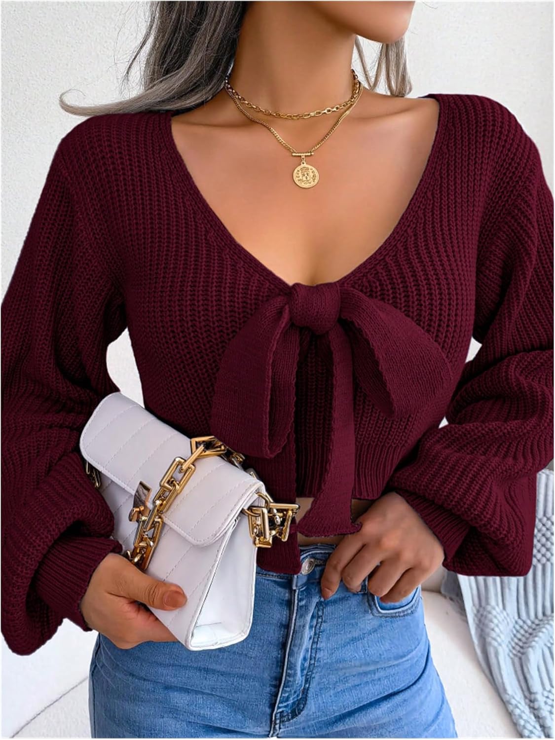 WDIRARA Women's Bow Tie V Neck Crop Sweater Long Sleeve Knit Pullover Tops Knitwear - Image 6