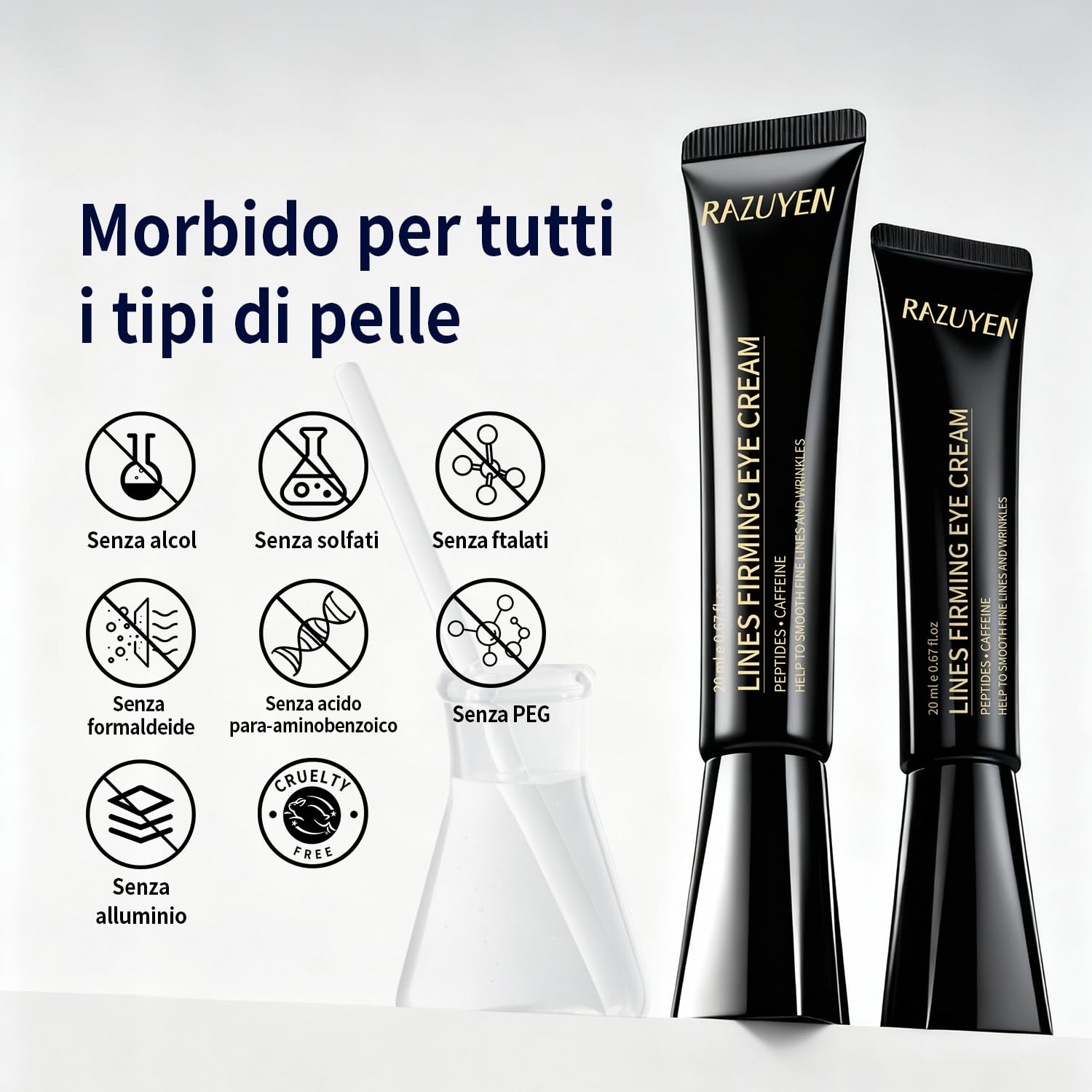 Crema Contorno Occhi 20ml con Caffeina, Peptidi e Acido Ialuronico | Eye cream idratante, crema occhi per contorno occhi antirughe, occhiaie e borse visibili, linee sottili e occhi stanchi