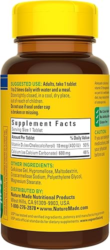 Miniatura 9 de Nature Made Calcio 600 mg con Vitamina D3, Suplemento Dietético para Apoyo Óseo, 60 Tabletas