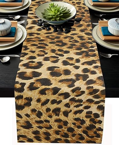 Camino de mesa de comedor de lino de algodón con estampado de leopardo, decoración de safari de vida silvestre, temática de gato grande,