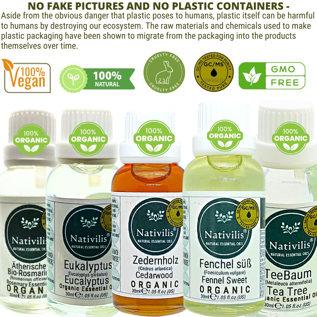 Nativilis Bio Ätherische Öle Set – Teebaum, Eukalyptus, Zedernholz, Fenchel & Rosmarin – 5 x 30 ml – Für Aromatherapie, Haut- & Haarpflege