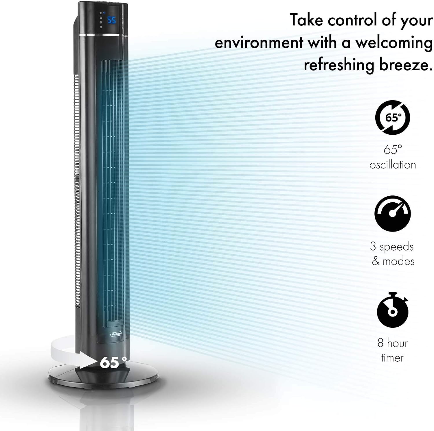 VonHaus 43" Quiet Oscillating Tower Fan with Remote Control, LED Display, 3 Speed and Fan Settings, Aroma Tray and 1-8 Hour Timer