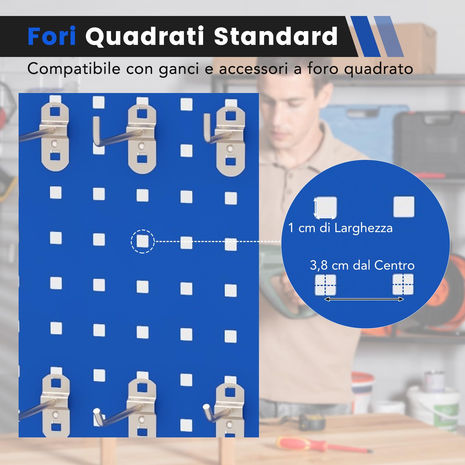 GYMAX Pannello Portaoggetti da Parete, 3 Pannelli Forato Portautensili con 25 Ganci, Porta Trapano, Porta Cacciaviti, Piattaforma di Stoccaggio, Kit Pegboard in Metallo, per Garage, Officina(Blu)