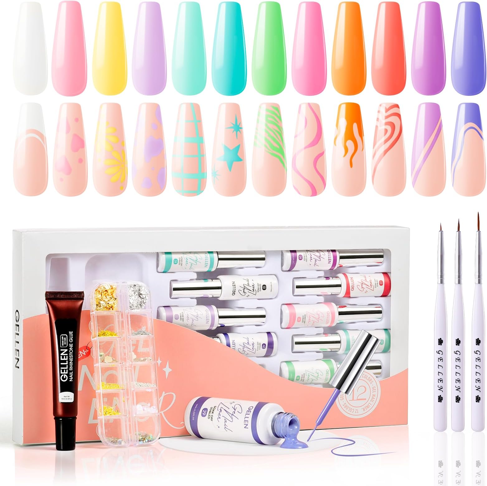 GELLEN Pastel Gel Nail Polish Set, 12 Colors Soft Gel Nail Art Polish for UV Light Soft Liner Nail Art Gel Polish Set Soak off Nails Polish Set with Glue Brush for Home Salon DIY