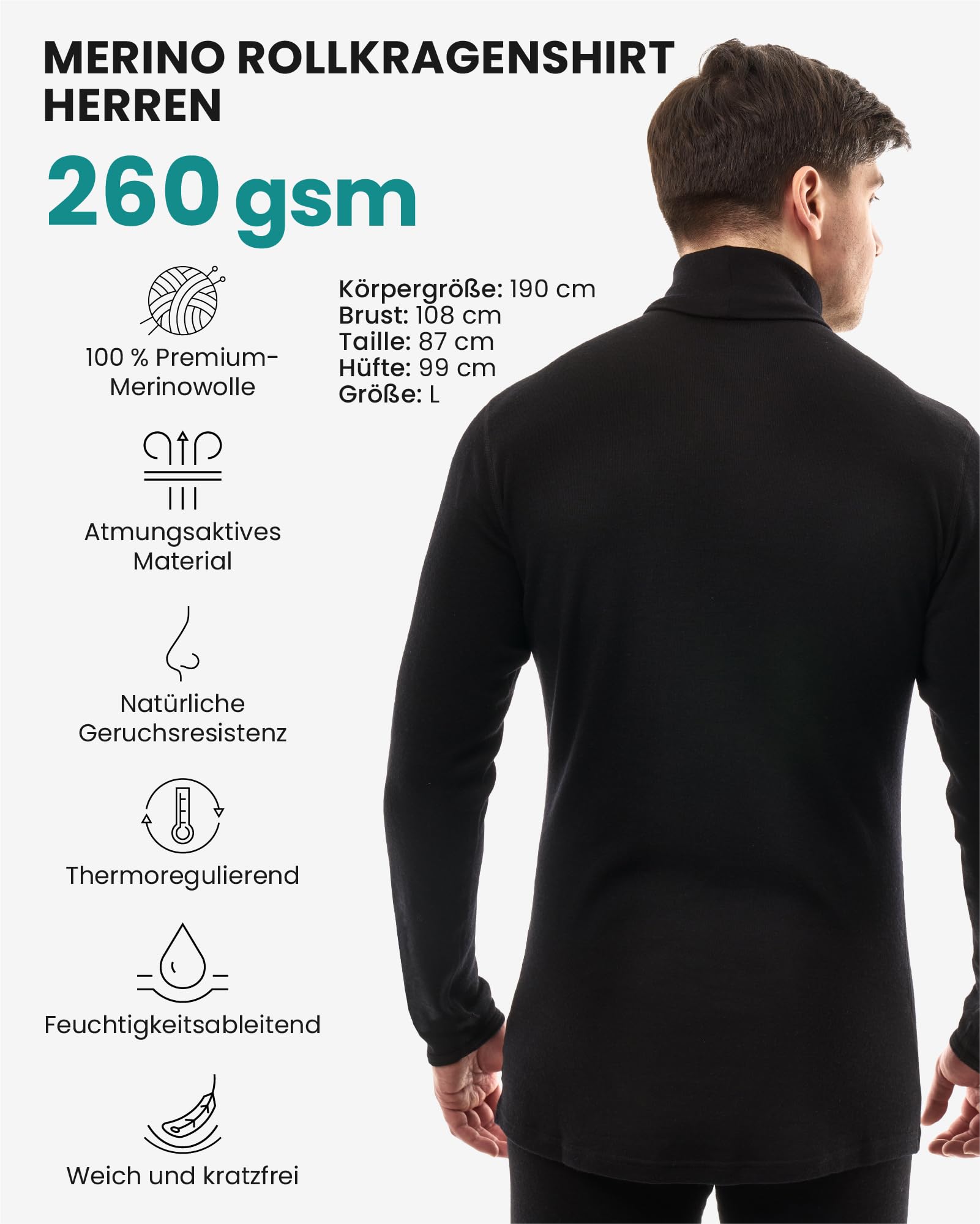 Merino.tech 100% Merino Rollkragenpullover Herren Alltag & Reise + Socken | Merino Shirt Herren Langarm. Kratzfrei, wärmend und feuchtigkeitsableitend Merino Unterwäsche Herren