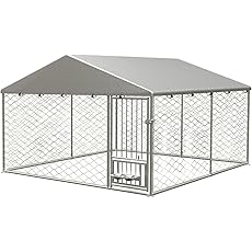 YITAHOME Outdoor Dog Kennel with Rotating Feeder Bowls, 7.5'x7.5' Outdoor Dog Enclosure with Roof, Heavy Duty Dog Cage for Medium Large Dogs