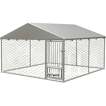 YITAHOME Outdoor Dog Kennel with Rotating Feeder Bowls, 7.5'x7.5' Outdoor Dog Enclosure with Roof, Heavy Duty Dog Cage for Medium Large Dogs