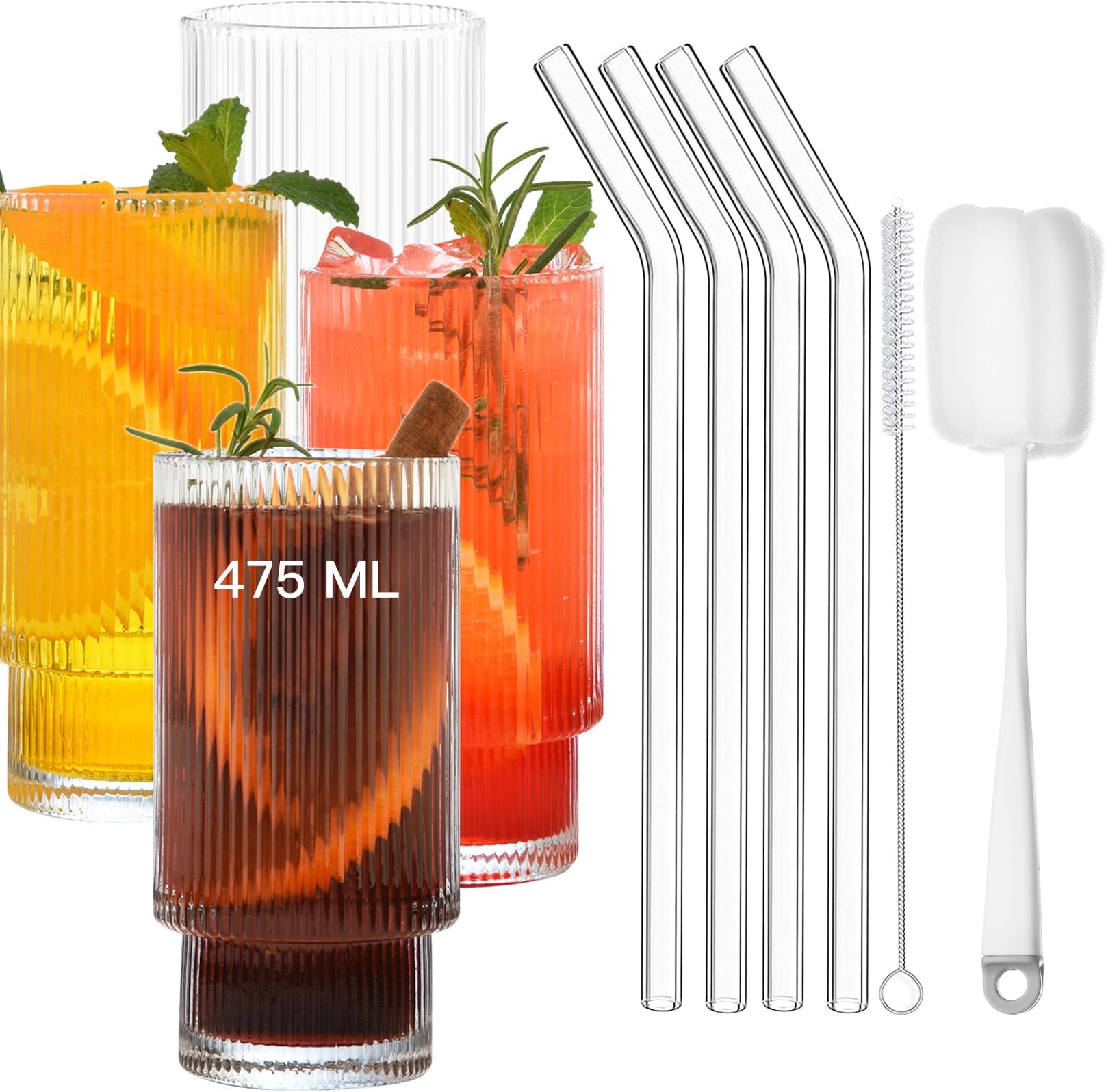 ALINKCocktail Glasses, Set of 4, Ribbed Drinking Glasses, Can Long Drink Glass, Water Glasses, Iced Coffee Glasses with Straw, Drinking Glass in Can Shape for Family, Camping, Party, Bar (16 oz/475