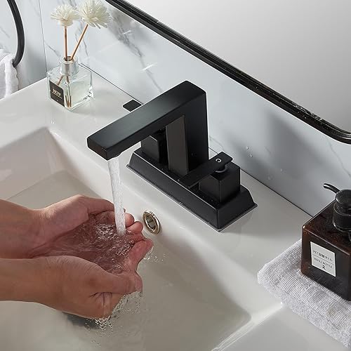 Miniatura 6 de Centerset - Grifo de baño negro mate, grifo de lavabo de baño de 4 pulgadas, 2 asas, lavabo, caravanas, grifos de tocador de baño para fregadero de