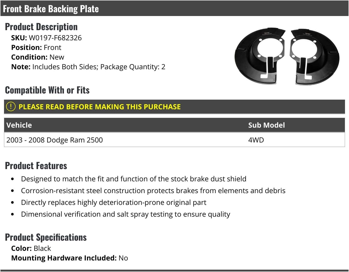 Marketplace Auto Parts Front Brake Backing Plate Brake Dust Shield Set of 2 - Compatible with 2003-2008 Dodge Ram 2500 4WD