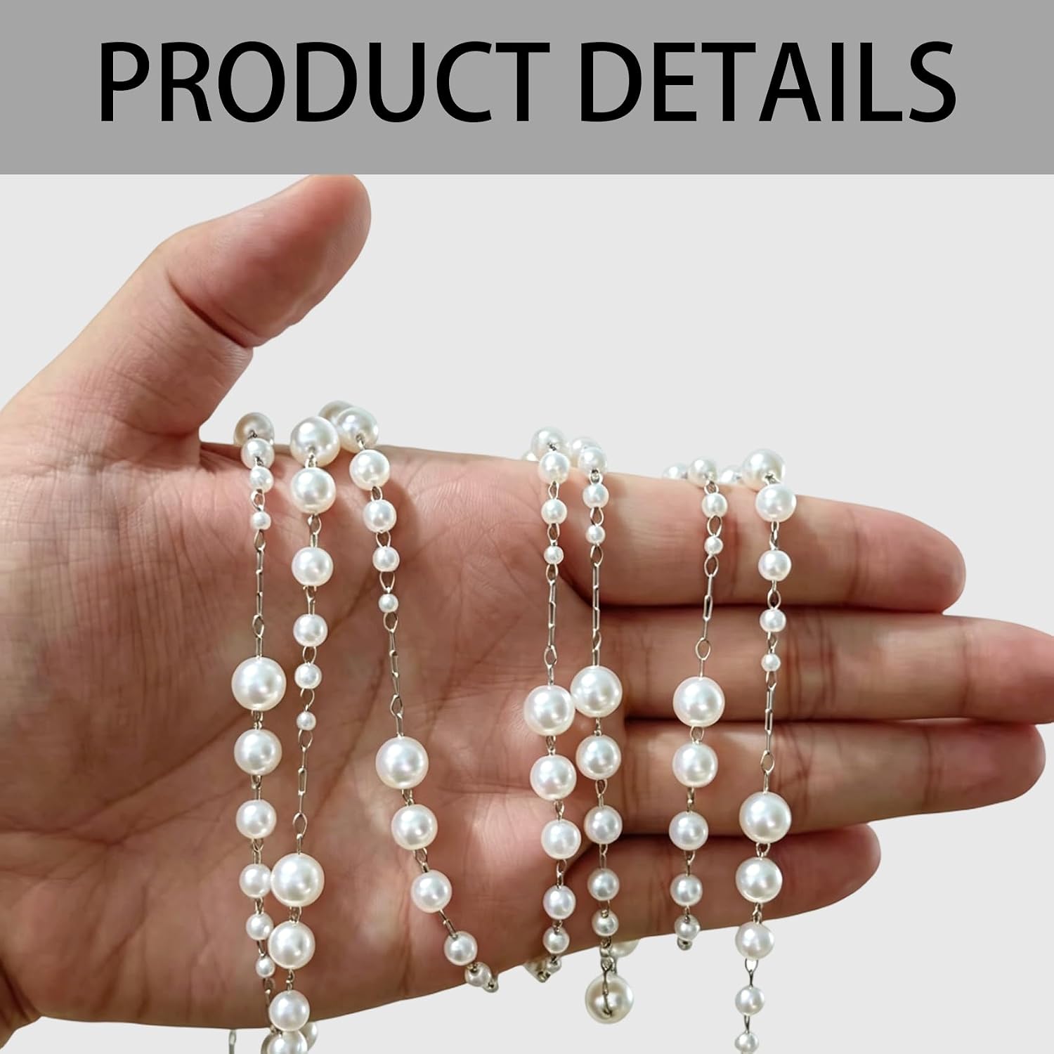 9.84Feet/3M Faux Pearl Chain, Silver Stainless Steel Chain Link