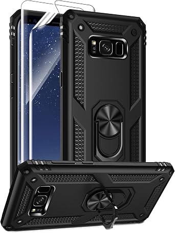 Androgate for Samsung Galaxy S8 Plus Case with HD Screen Protectors, Military-Grade Metal Ring Holder Kickstand 15ft Drop Tested Shockproof Cover Case for Samsung Galaxy S8+ 2017 Black
