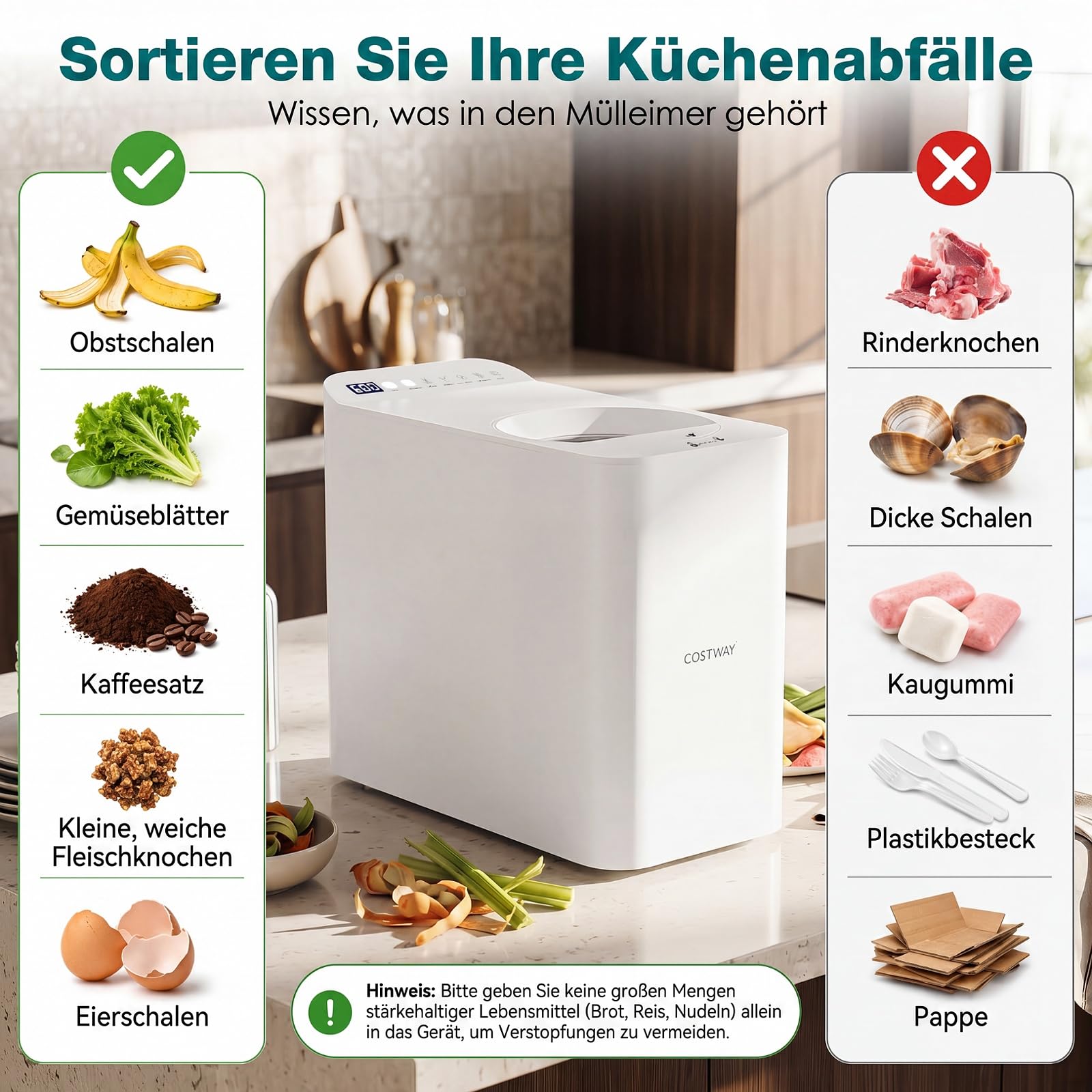 COSTWAY Elektrischer Komposter 3L, geruchloser Küchenkomposteimer mit Bedienfeld, Sichtfenster & 5 Modi, Komposter, 90% verwandelt Lebensmittelabfälle in Dünger, Küchenabfallentsorger für Zuhause