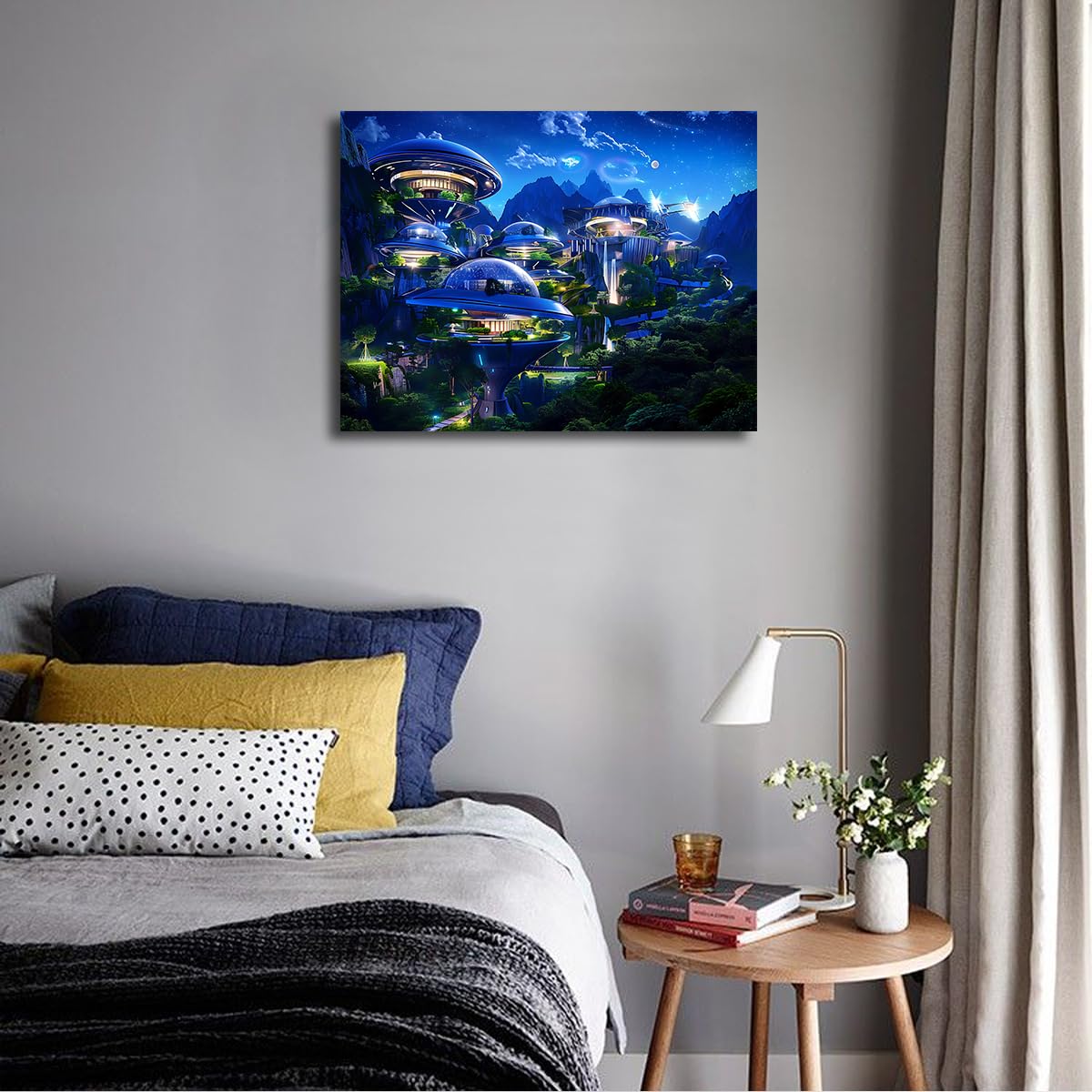 Via Vela Ciencia ficción futurista lienzo de la ciudad de montaña arte mural carteles de arquitectura pintura de paisajes urbanos mural grabado para decoración del salón 75x100cm