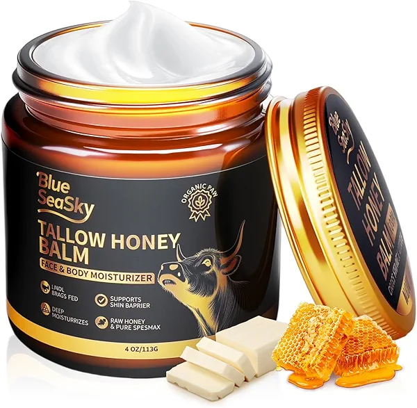 Upgraded Beef Tallow for Skin Handmade Whipped Organic Grass-Fed Tallow Balm with Raw Wild Honey for Eczema & Rosacea,Non-Comedogenic Face,Body Moisturizer for Dry, Sensitive Skin - 4oz Unscented