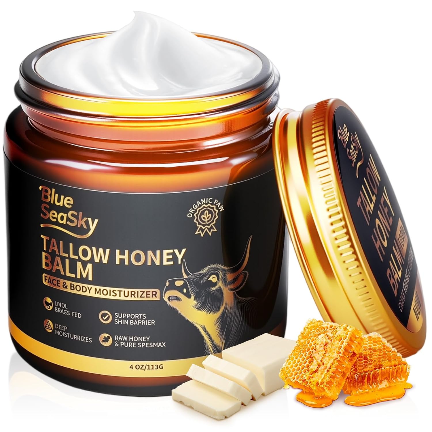 Upgraded Beef Tallow for Skin Handmade Whipped Organic Grass-Fed Tallow and Honey Balm for Eczema & Rosacea,Non-Comedogenic,Beef Tallow Face Moisturizer for Dry, Sensitive Skin(4oz Unscented)