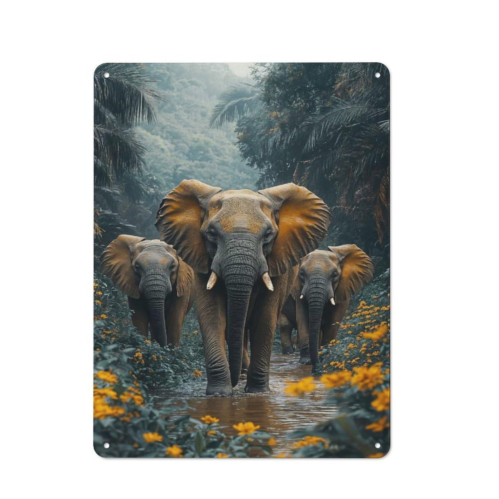 Vintage Elephants Walking through Jungle Stream Metal Wall Sign 40x30cm, Shed Wall Plaque for Garage, Workshop, Shed Or Utility Room