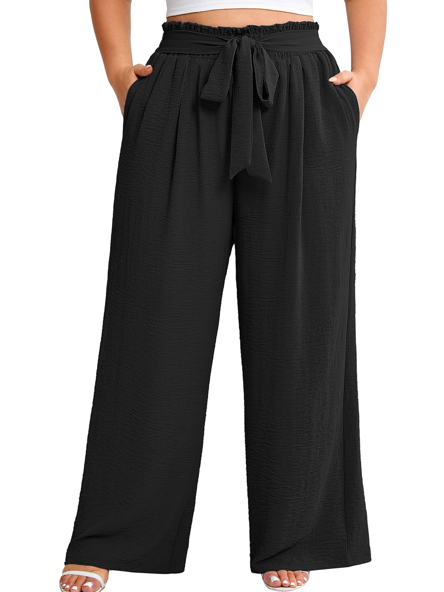 Plus Size Wide Leg Pants for Women High Waist Elastic Palazzo Casual Lounge Pants with Pockets Beach Trousers 1X-5X