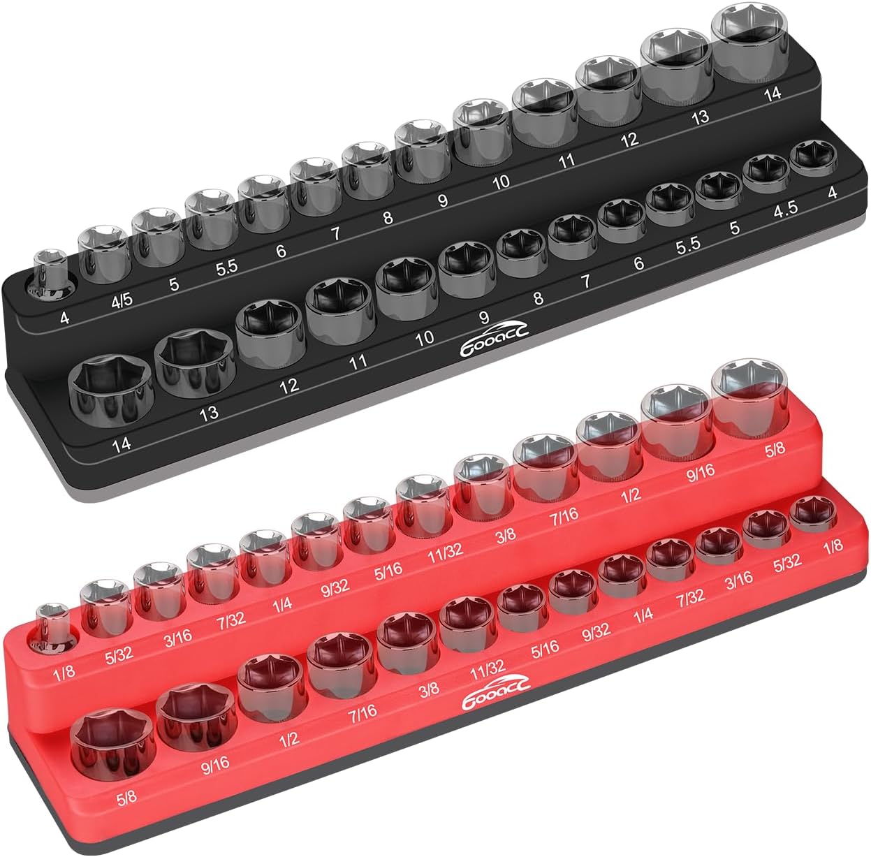 GOOACC 1/4" Magnetic Socket Organizer Set, 2-Piece Metric & SAE Socket Drive Holders, 1/4 inch Drive Socket Organizer Set Holds 52 Standard Sockets for Tool Box 1/4" SAE & Metric