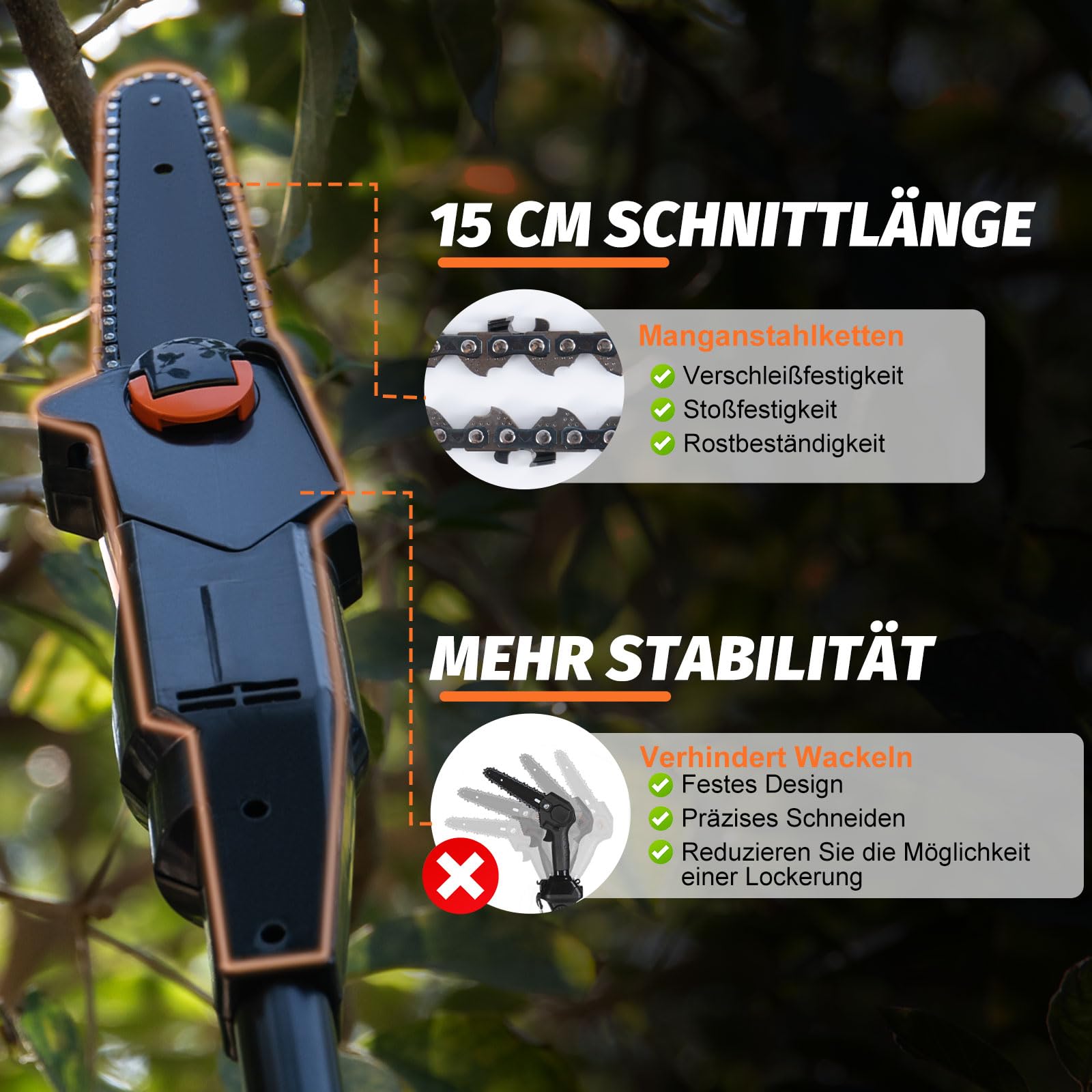 CHANGEMOORE Akku-Hochentaster 21 V, 15 cm Schwertlänge, 10 m/s Kettengeschwindigkeit, 3,6 kg, 2 Ketten, 1,68m Stange, inkl. 2 Akkus & Ladegerät