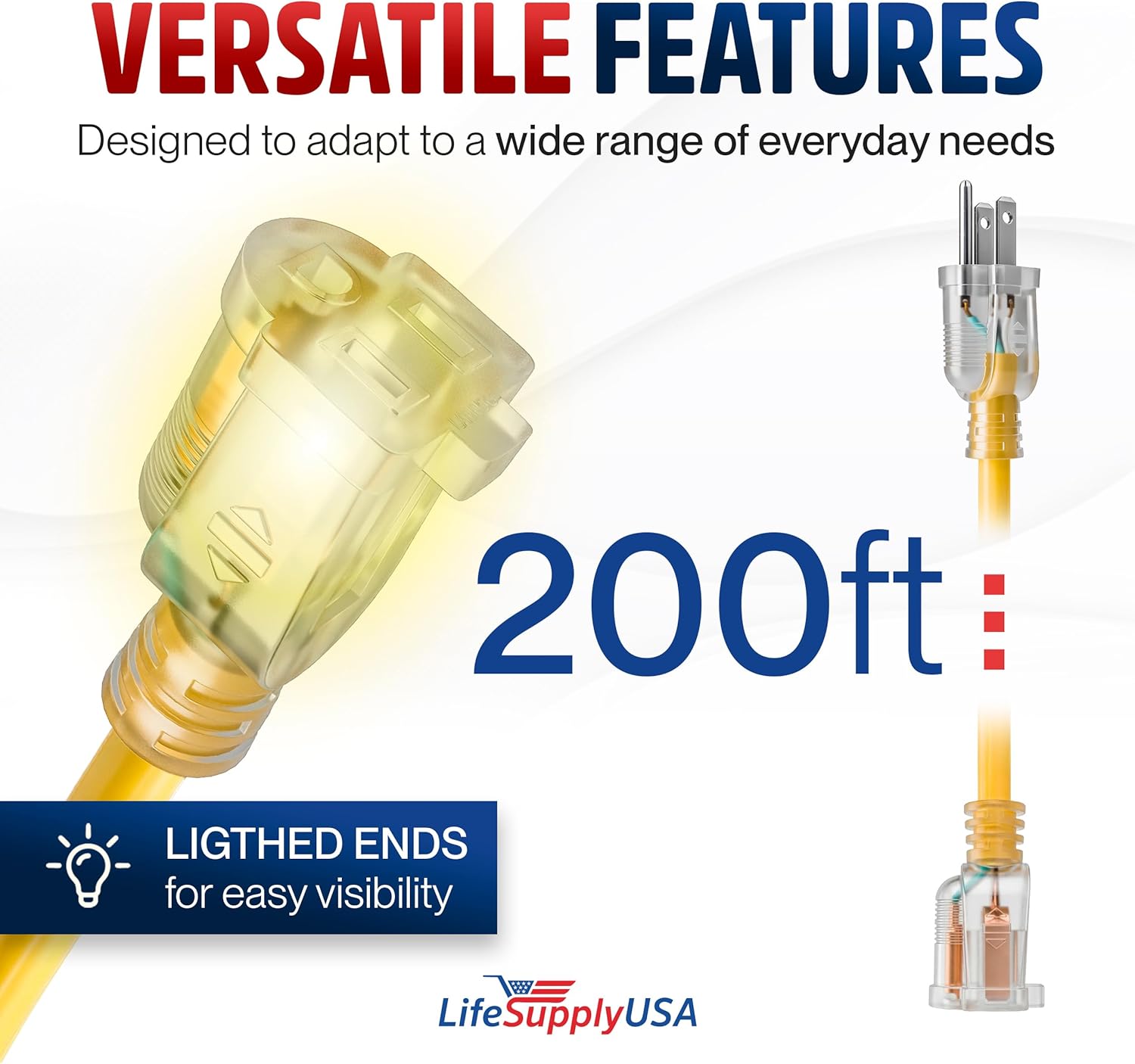 200ft Outdoor/Indoor Extension Cord 12/3 Gauge Extra Heavy Duty 3 Prong SJTW, Waterproof, Flexible Cold-Resistant Long Power Cord,8A 125V 1000W, Yellow by LifeSupplyUSA