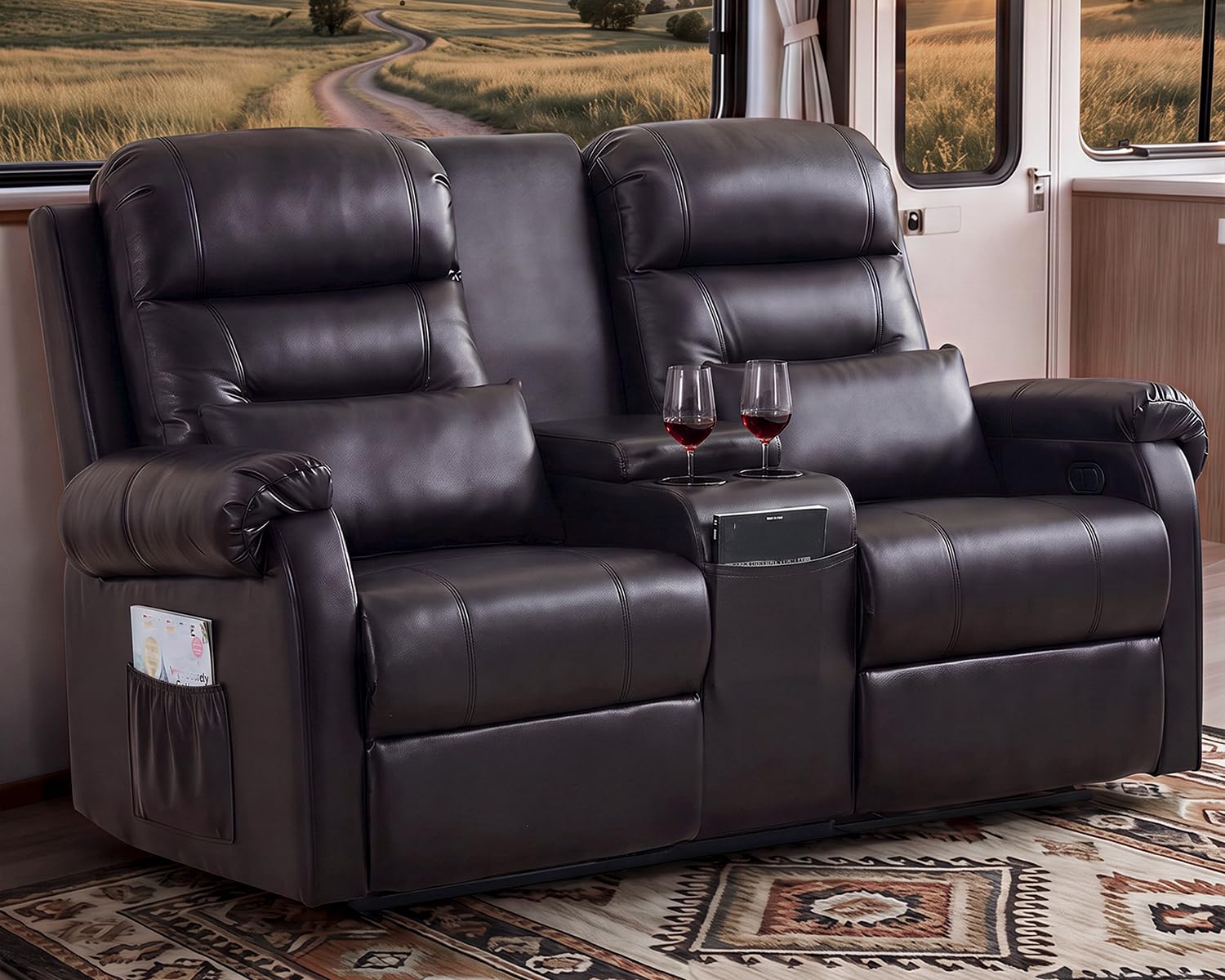RV Loveseat Recliner, Manual Reclining Loveseat with Center Console, 2-Seater RV Recliner Sofa with Cup Holders, Reclining Couch for RV, Camper &amp; Living Room