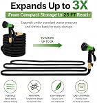 25 FT Expandable Garden Hose, Black | Lightweight, Anti-Kink Flexible, 8-Function Spray Nozzle, 3/4" Brass Connectors
