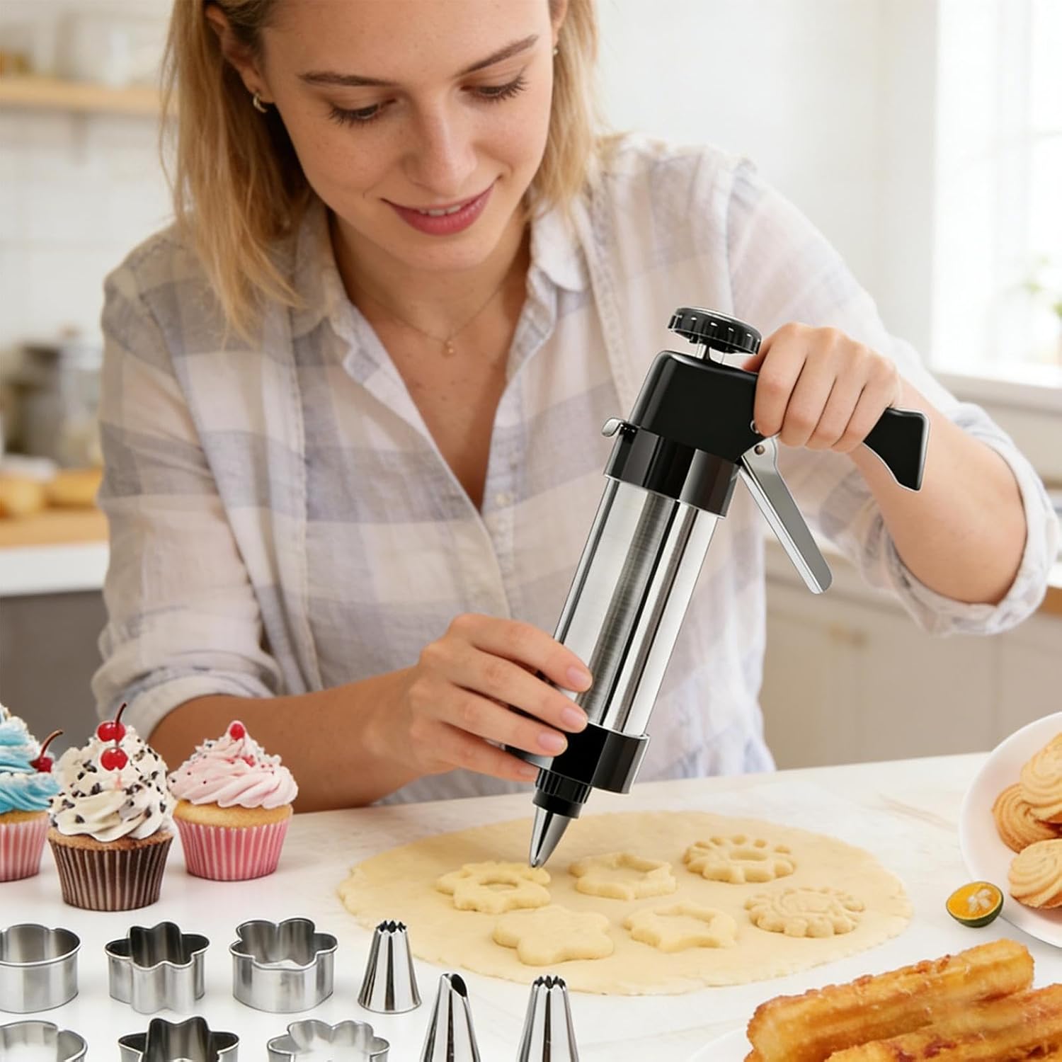 Cookie Press for Baking Stainless Steel Maker with 13 Discs 8 Piping Tips