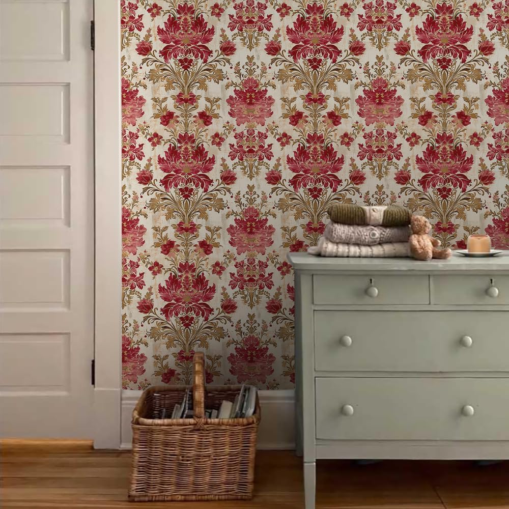 18"x236" Classical Beige Red Damask Flower Retro Peel and Stick Self Adhesive Wallpaper Removable Contact Paper Stick on Easy Peel Off Wall Paper for Kitchen Bedroom Bathroom Renter