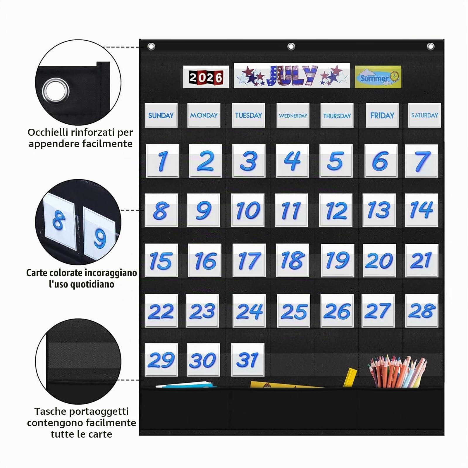 Eamay Calendario mensile in aula con 43 tasche, 3 tasche portaoggetti per facile parete o supporto grafico (nero)
