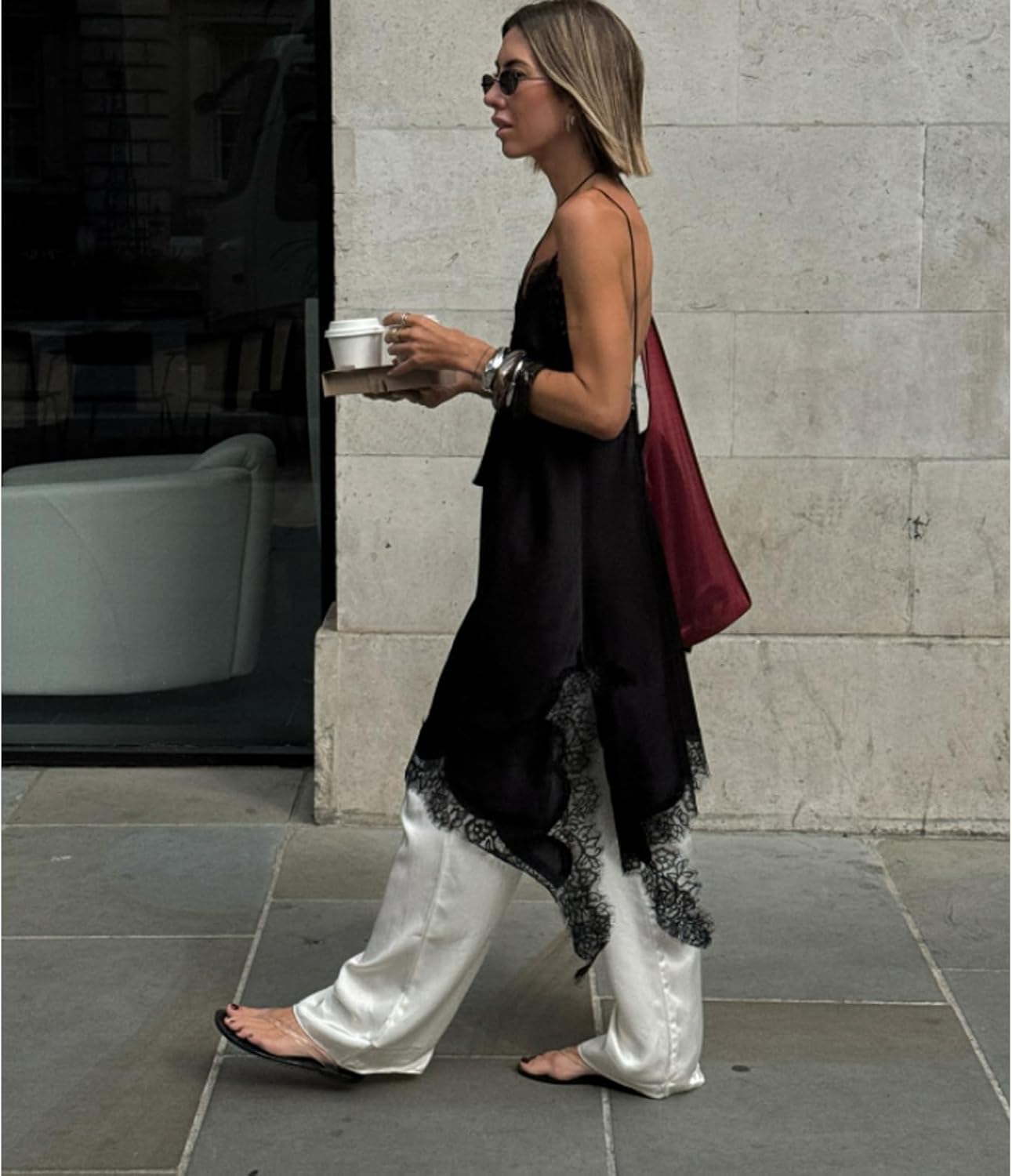 Amiblvowa Women Lace Mini Slip Dress Satin Spaghetti Strap Asymmetrical Dress Sexy Low Cut V Neck Backless Silk Slips - Image 5