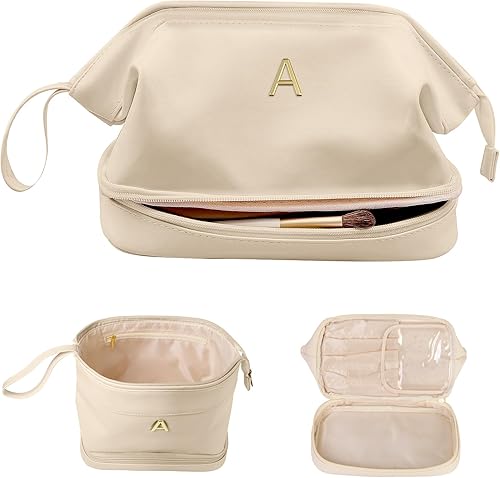 Miniatura 140 de Regalo de cumpleaños para hija - Bolso grande de maquillaje inicial, bolso cosmético personalizado de doble capa con organizador de brochas