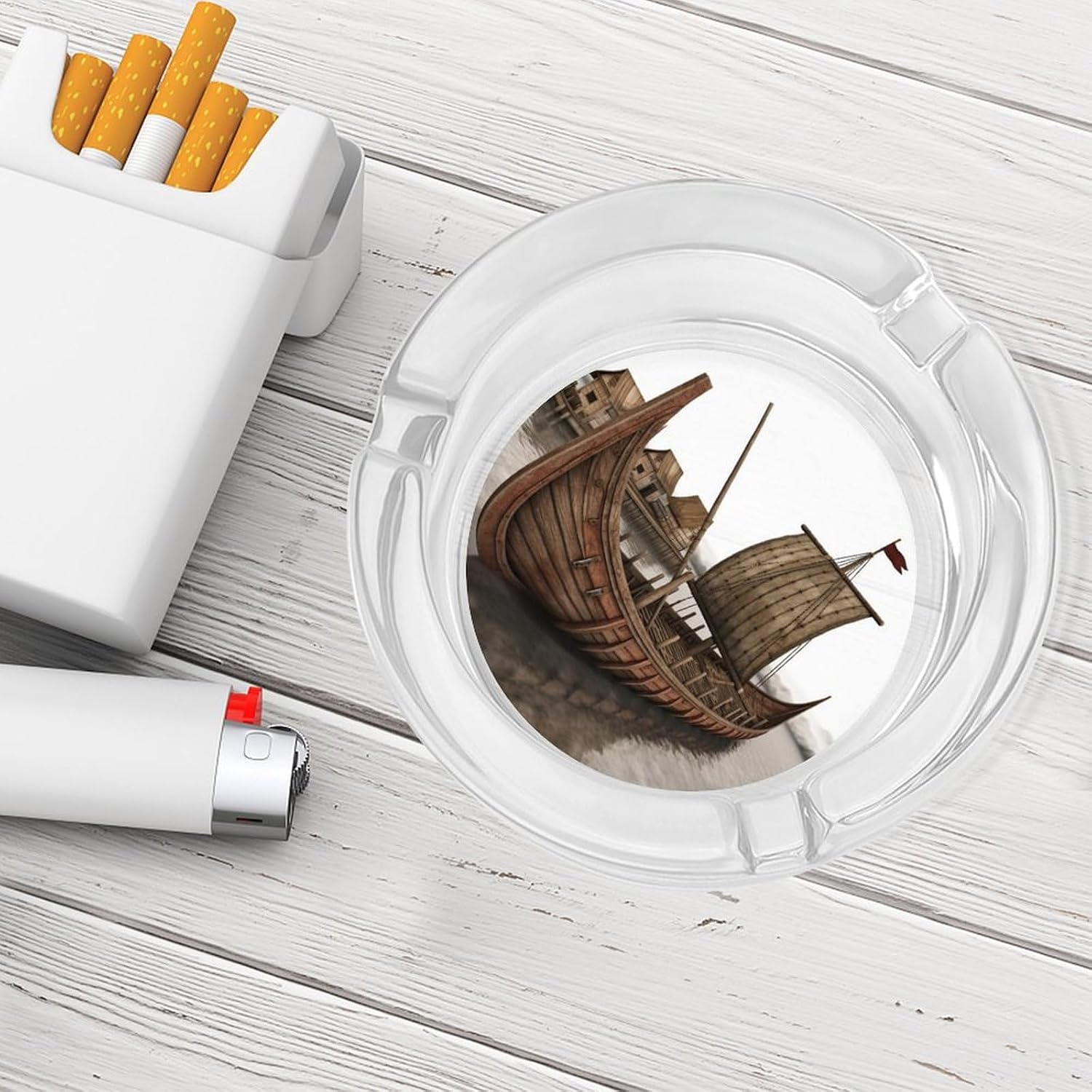 Glass Ashtrays,Old Viking Boat Printed Round Ashtrays Portable Decorative Modern Ashtrays Non-slip Ashtrays for Home Office Indoor Outdoor