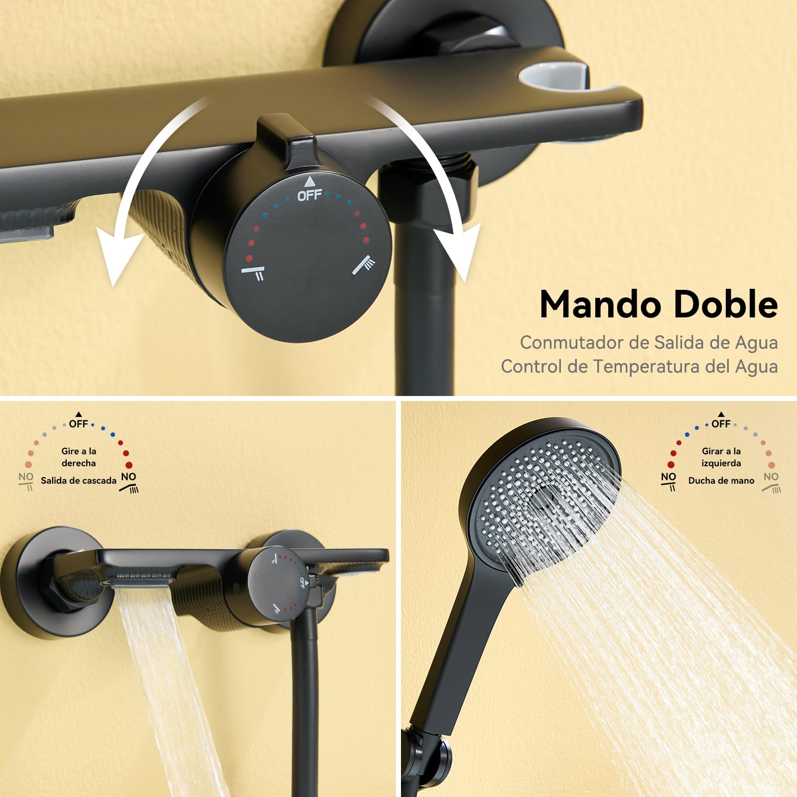 Auralum Conjunto de Grifo de Bañera y Ducha con Cascada, Mezclador Monomando de Latón con Estante de Almacenamiento, Alcachofa de Mano 5 Modos y Manguera 1.5m, Sistema de Ducha de Pared, Negra — view 2