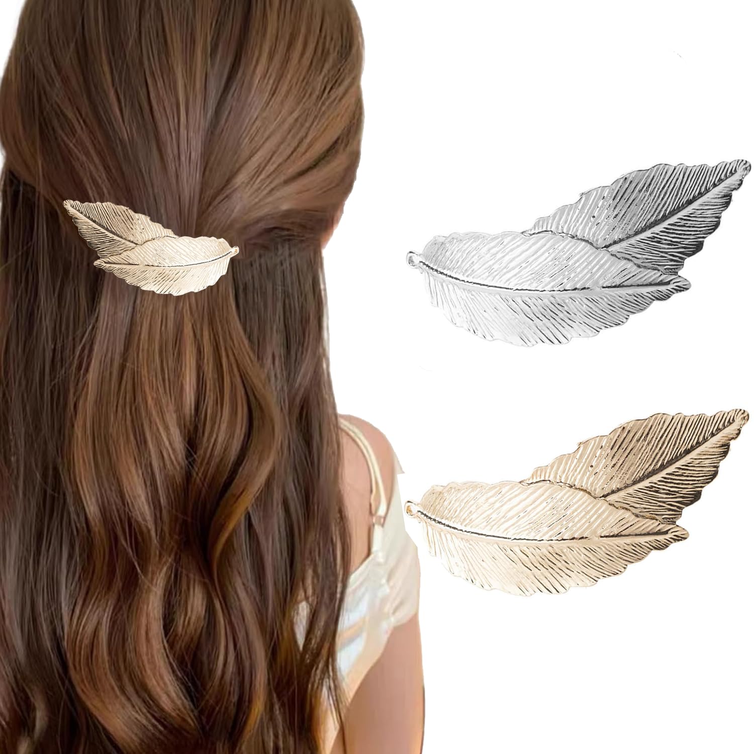 Fermagli Per Capelli A Foglia Oro – Clip Francesi In Metallo Con Piume – Accessori Donna Eleganti E Vintage