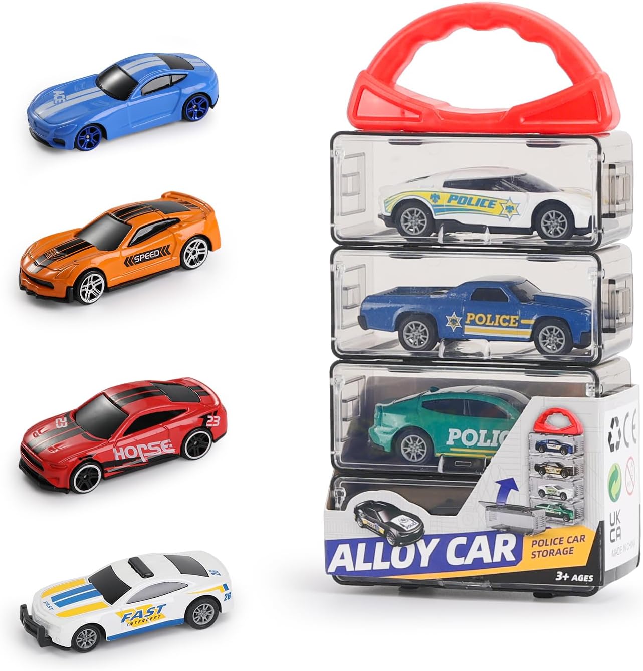 Diecast Police Toy Cars with Portable Storage Case – 4 Pack Alloy Police Car Set, Stackable Car Carrier with Handle, for Boys Girls Ages 3+