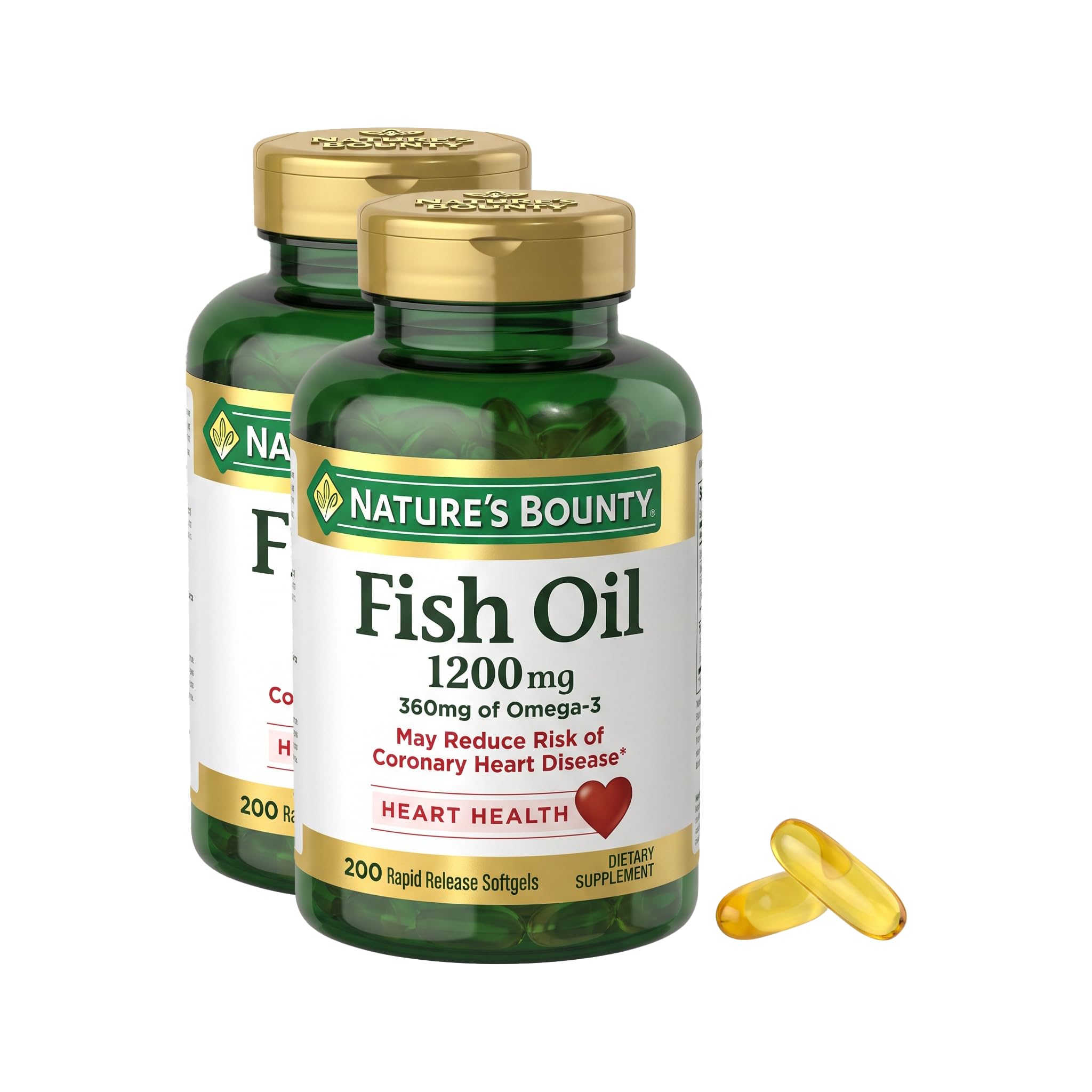 Nature's Bounty Fish Oil Omega 3 Supplements - Supports Heart Health, 1200 Mg Fish Oil, Omega-3, 200 Softgels (Pack of 2)