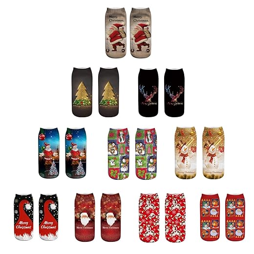 Inf-way 3D Print Christmas Casual Socks, Unisex Ankle Socks for Women Girl Gift (Christmas 10 Pairs)