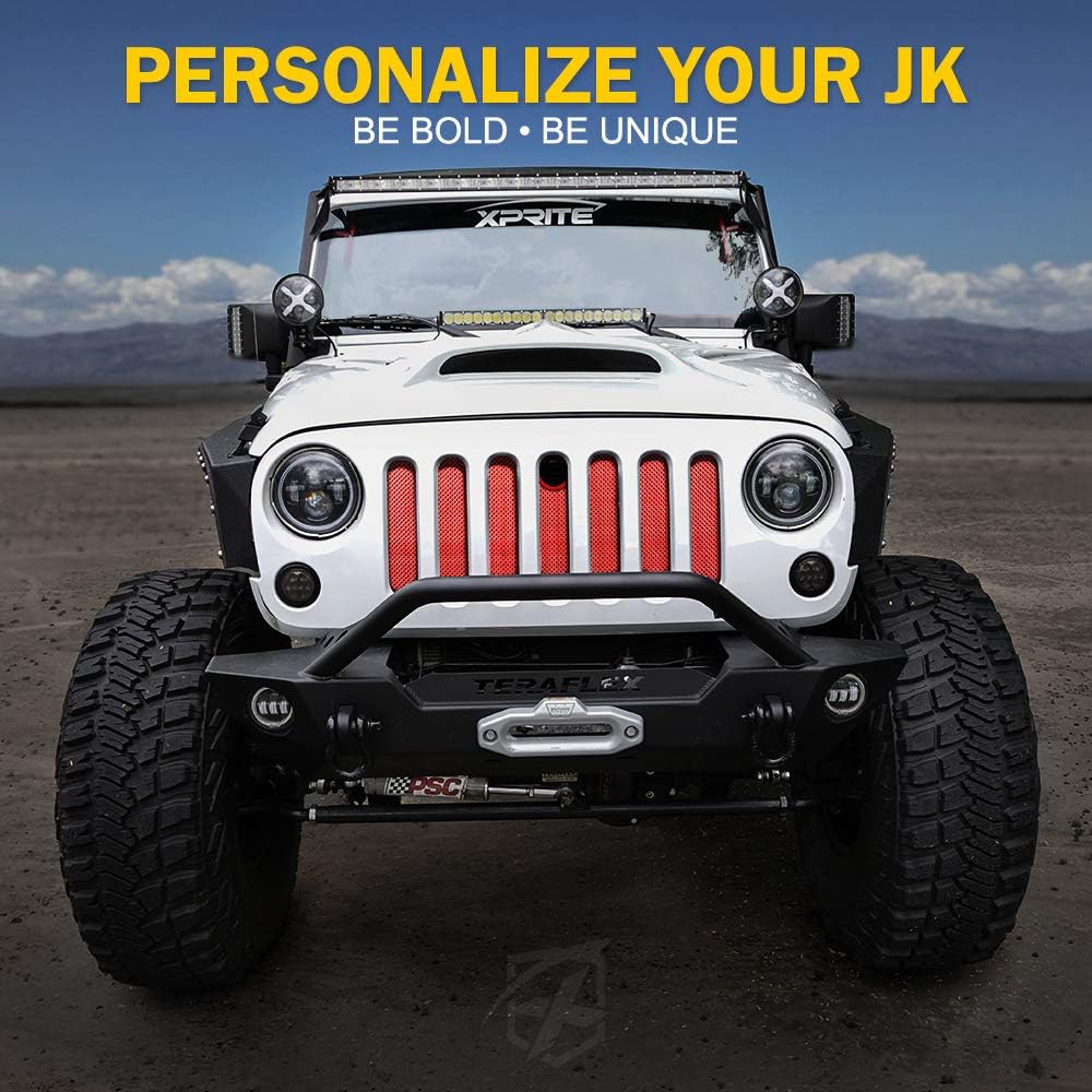 Xprite Red Aluminum Alloy Mesh Grill Insert with Hood Lock Hole Compatible with 2007-2018 Jeep Wrangler JK JKU Stock Grille