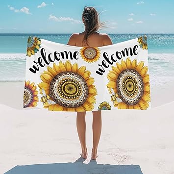 Oversized Beach Towel Welcome Words Sunflowers Bee Soft Absorbent Quick-Dry Sand-Free Microfiber Towel for Travel/Surf/Swim/Vacation Compact Towel Abstract Farm Floral Art Bath Blanket, 35" x 71"