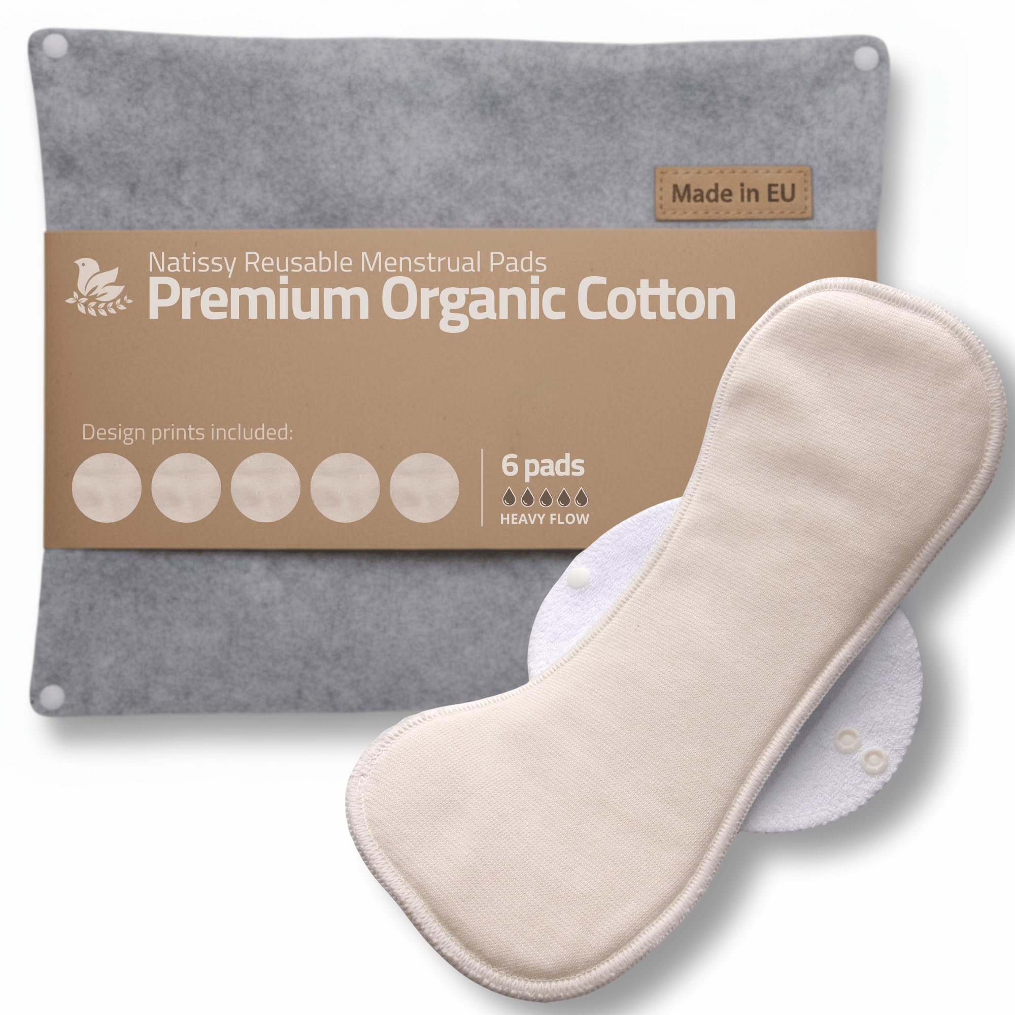 Compresas reutilizables en algodón orgánico para flujo abundante e incontinencia (L+XL, 6 uds.); lavables a alta T°, HECHAS EN LA UE; suaves, no irritantes y cómodas, compresas de tela para mujeres