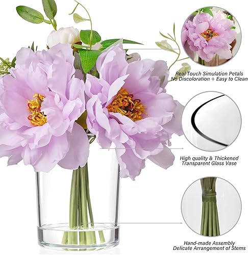 Miniatura 2 de WELL KNOWN Flores artificiales de peonía de seda con jarrón, ramos de flores falsas de dalia mixta en jarrón con arreglos florales de agua acrílica