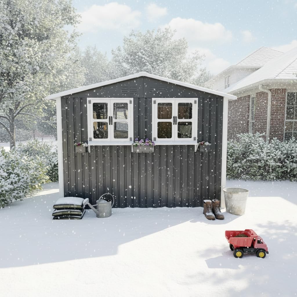 Casetta da giardino in acciaio zincato, 4,33 m², 276 x 182 x 198 cm, con 2 finestre, doppie porte chiudibili e scaffale per fiori, resistente alle intemperie, grigio (grigio, 1,8 x 2,7 m)