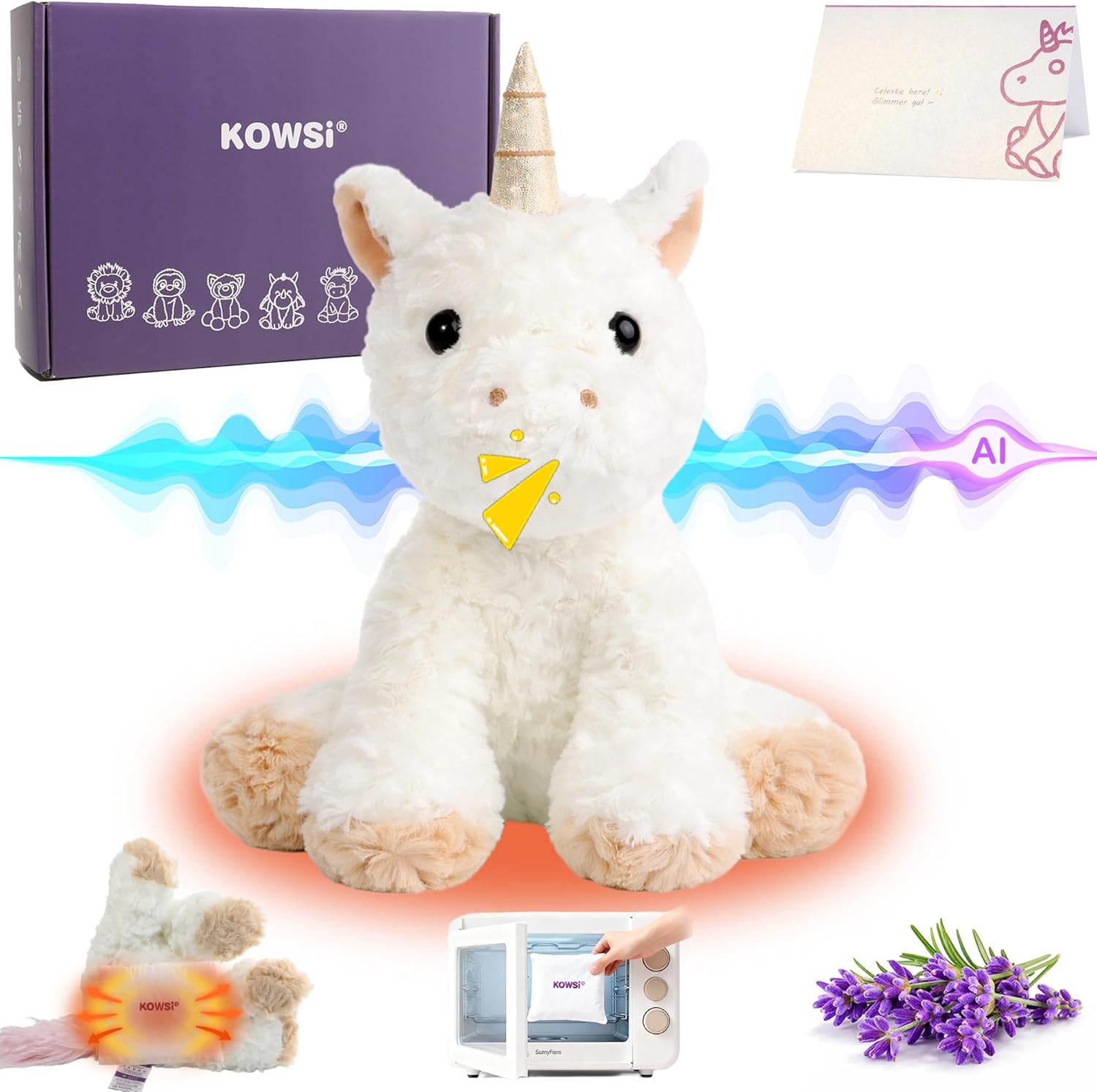 KOWSI® AI Interactive Talking Unicorn Plush – 1.4LB Microwavable Heatable Stuffed Animal with Tourmaline Lavender Heat Pad - 12" Educational STEM Toy to Learning Language Voice-Activated
